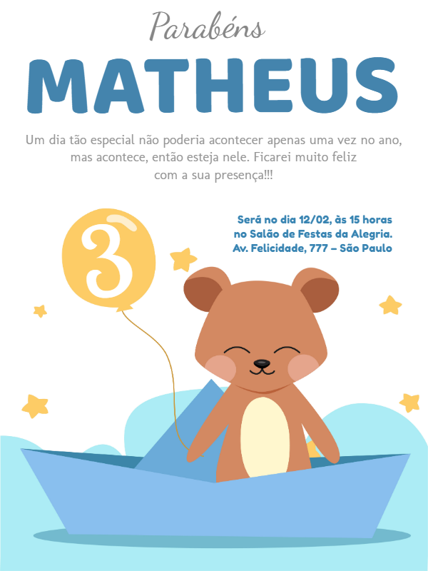 Convite de Aniversário Ursinho no Barco para Editar Online Convite de Aniversário Ursinho no Barco para Editar Online