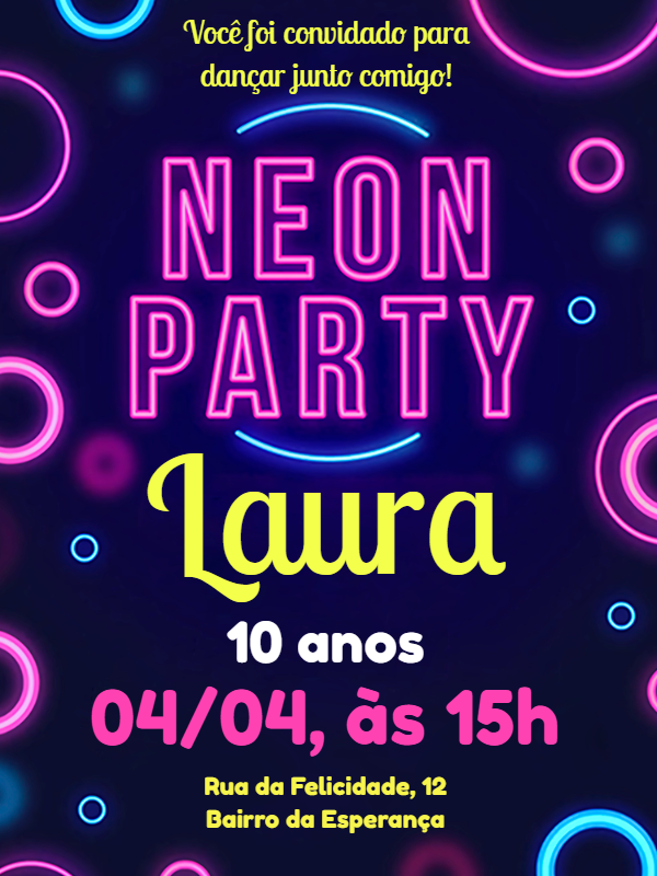 Convite de Aniversário Festa Neon para Editar Online Convite de Aniversário Festa Neon para Editar Online