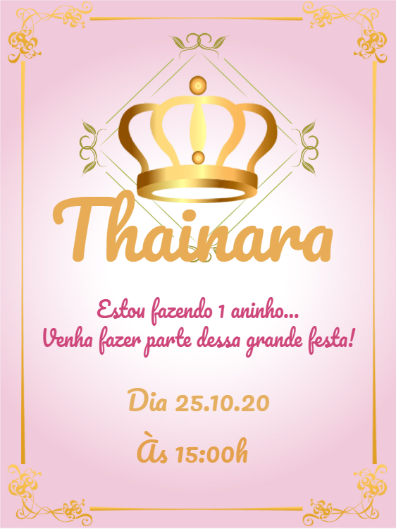 Convite de Aniversário Princesa Coroa Dourada para Editar Convite de Aniversário Princesa Coroa Dourada para Editar