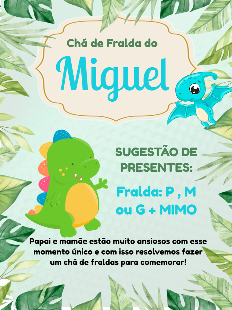 Convite Chá de Fraldas Dinossauro Fofo para Editar Online Convite Chá de Fraldas Dinossauro Fofo para Editar Online