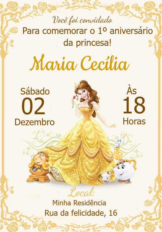 Convite Aniversário A Bela e a Fera com Princesa para Editar Convite Aniversário A Bela e a Fera com Princesa para Editar