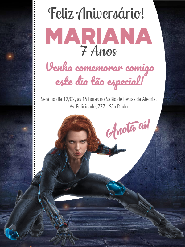 Convite Aniversário Viúva Negra para Editar Online Convite Aniversário Viúva Negra para Editar Online