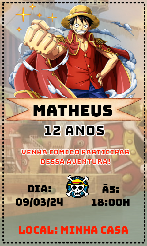 Convite Aniversário One Piece com Luffy para Editar Online Convite Aniversário One Piece com Luffy para Editar Online