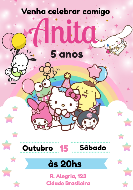 Convite de Aniversário Hello Kitty e Amigos para Editar Online Convite de Aniversário Hello Kitty e Amigos para Editar Online