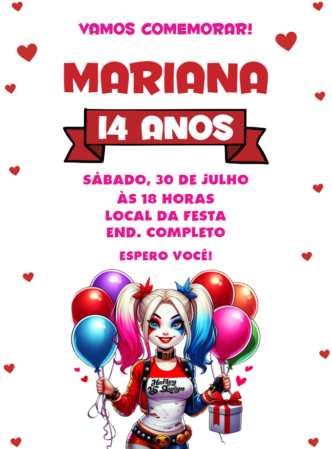 Convite Aniversário Arlequina com Personagem para Editar Online Convite Aniversário Arlequina com Personagem para Editar Online