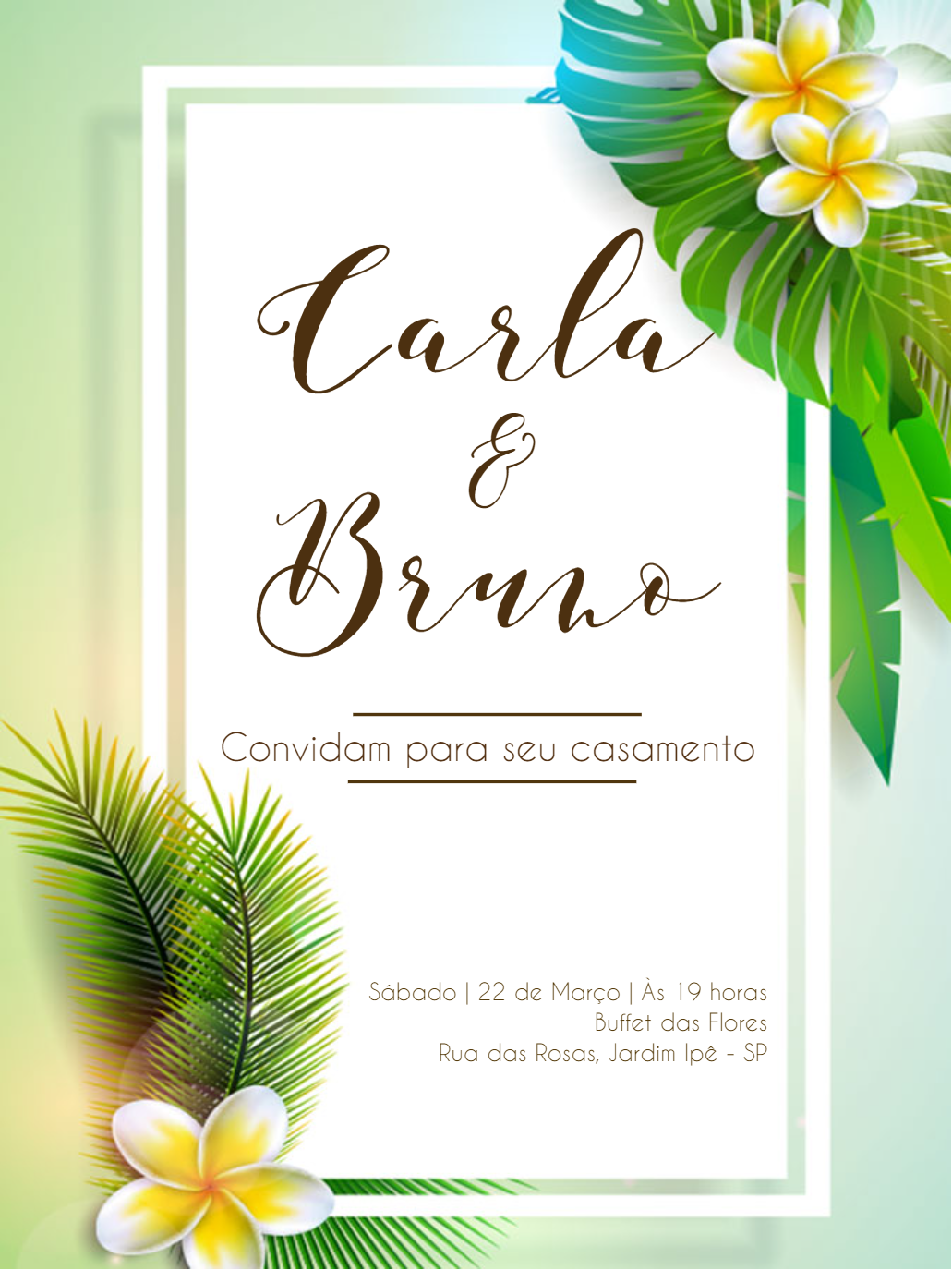 Convite de Casamento Tropical com Folhagem para Editar Online Convite de Casamento Tropical com Folhagem para Editar Online