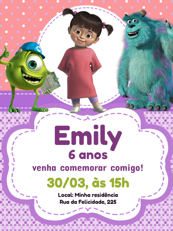 Convite Aniversário Monstros SA com Boo e Amigos para Editar