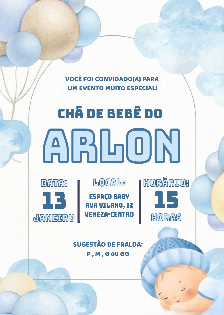 Convite Chá de Bebê Nuvens e Balões para Editar Online Convite Chá de Bebê Nuvens e Balões para Editar Online