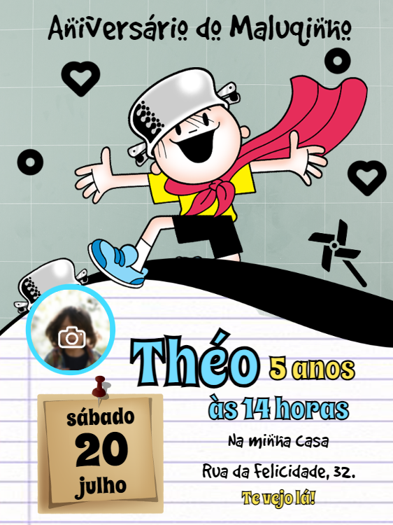 Convite de Aniversário Menino Maluquinho com Foto para Editar