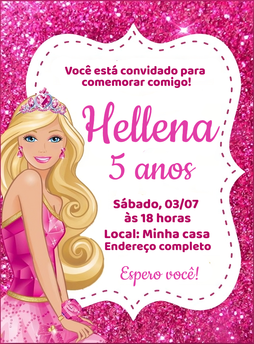 Convite de Aniversário Barbie Glitter para Editar Online Convite de Aniversário Barbie Glitter para Editar Online