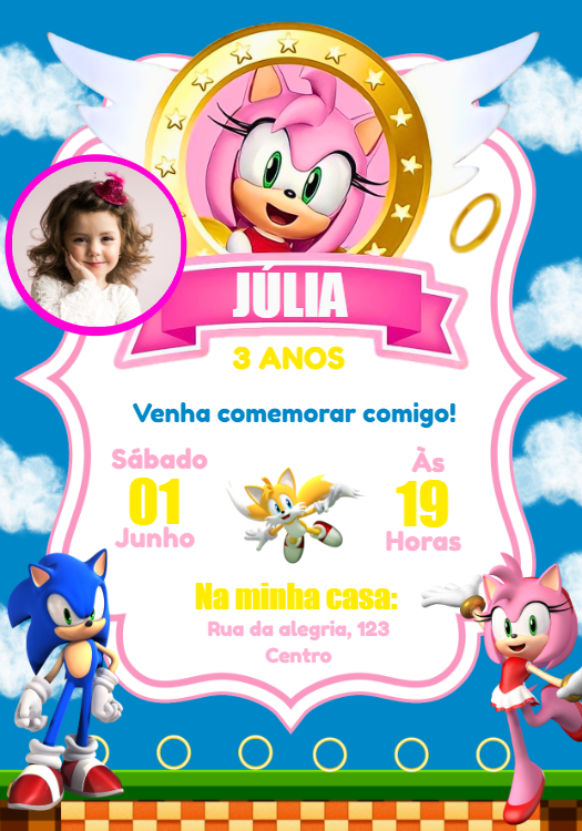 Convite de Aniversário Amy Rose e Sonic com Foto para Editar Convite de Aniversário Amy Rose e Sonic com Foto para Editar
