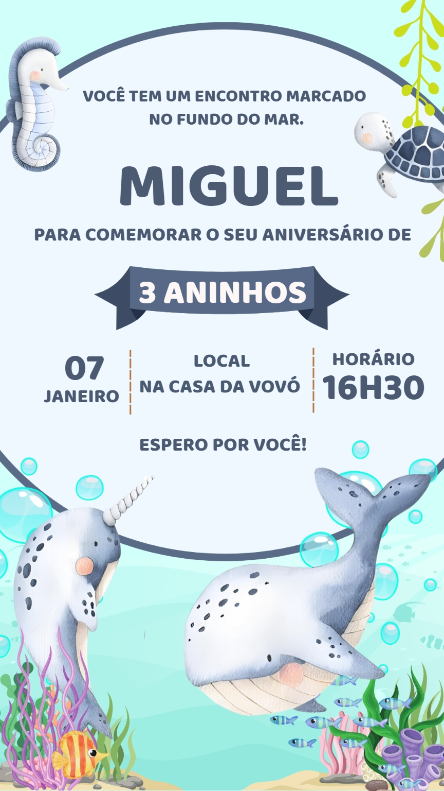 Convite de Aniversário Fundo do Mar Aquarela para Editar