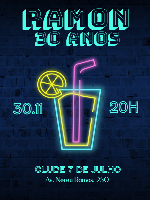 Convite de Aniversário Neon com Drink Editável para Enviar Convite de Aniversário Neon com Drink Editável para Enviar
