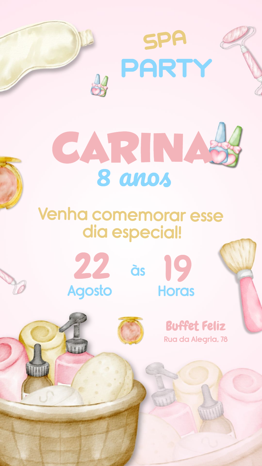 Convite de Aniversário Tema Spa Party Editável Online Convite de Aniversário Tema Spa Party Editável Online