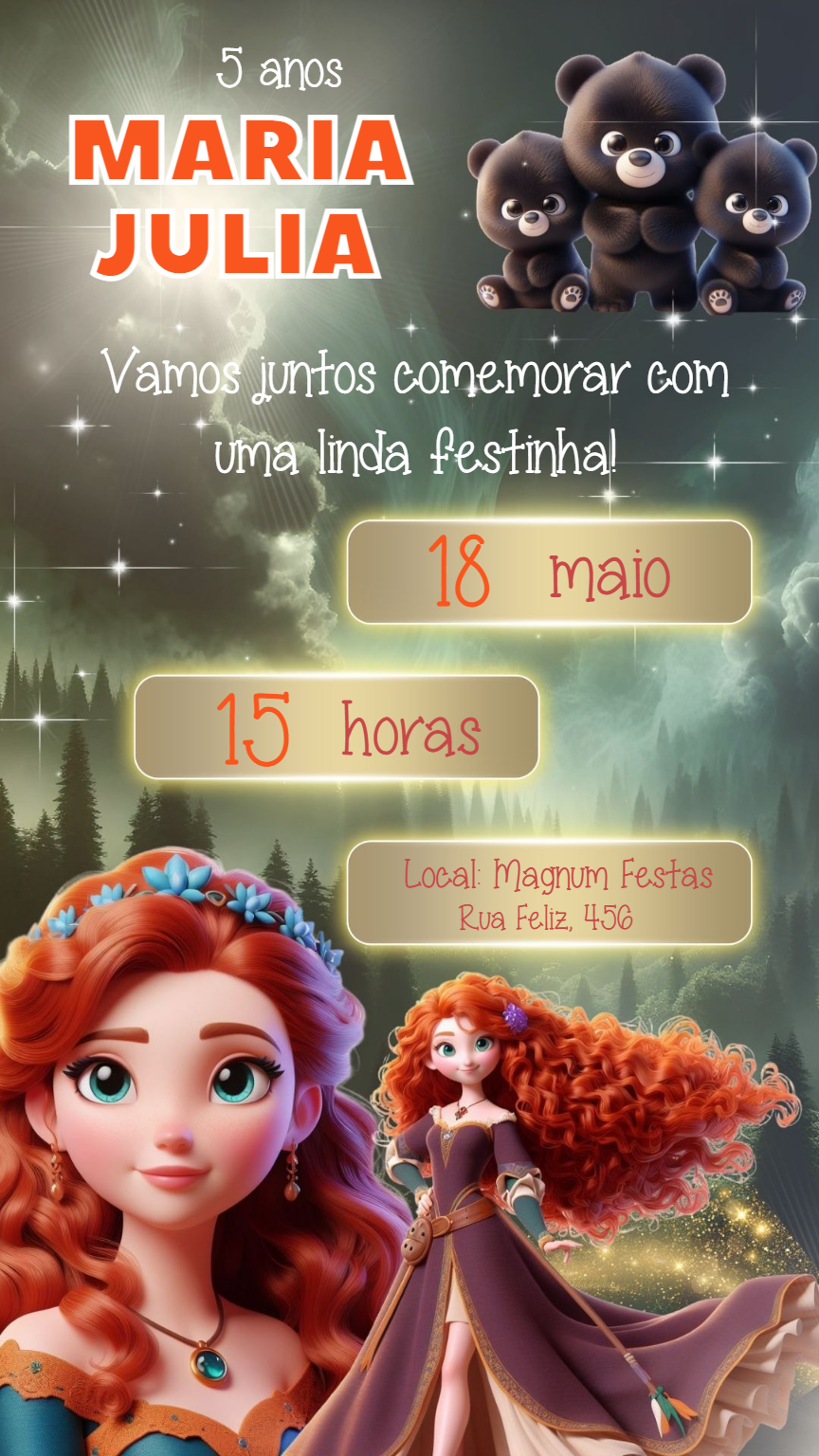 Convite de Aniversário Merida Valente para Editar Online Convite de Aniversário Merida Valente para Editar Online