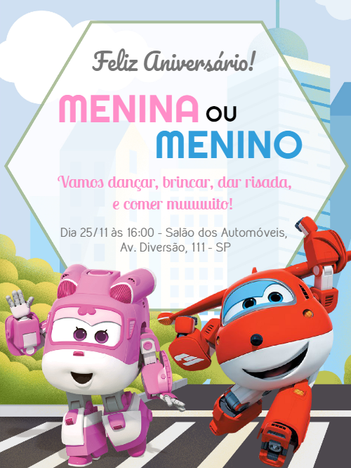 Convite de Aniversário Super Wings com Jett e Dizzy para Editar Convite de Aniversário Super Wings com Jett e Dizzy para Editar