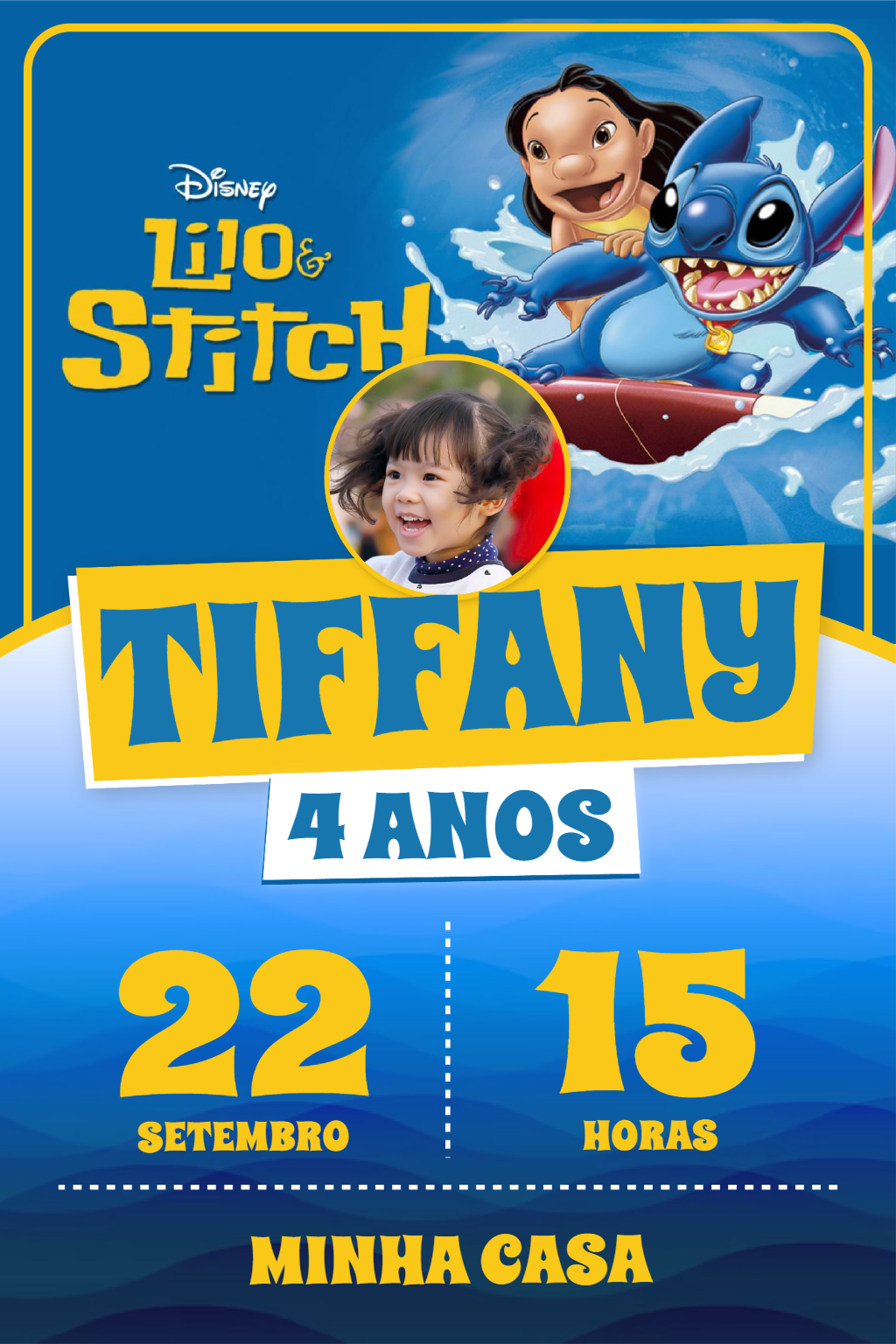 Convite Aniversário Lilo & Stitch com Foto para Editar Online