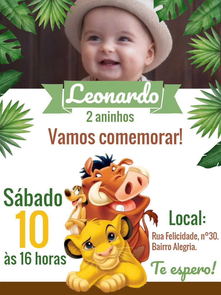 Convite Aniversário Rei Leão com Foto para Editar Online Convite Aniversário Rei Leão com Foto para Editar Online