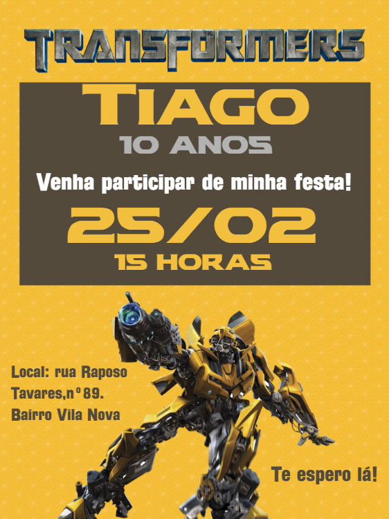 Convite de Aniversário Transformers com Personagens para Editar Convite de Aniversário Transformers com Personagens para Editar