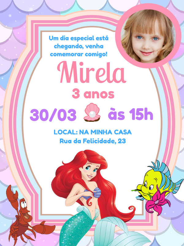 Convite Aniversário Pequena Sereia com Foto para Editar Convite Aniversário Pequena Sereia com Foto para Editar
