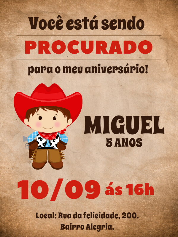 Convite Aniversário Cowboy Procurado para Editar Online Convite Aniversário Cowboy Procurado para Editar Online