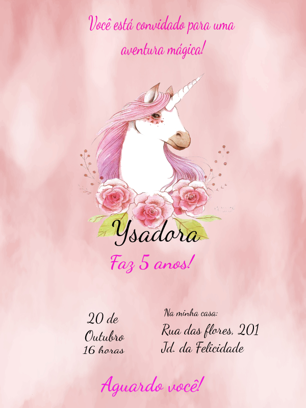Convite de Aniversário Unicórnio Rosa para Editar Online Convite de Aniversário Unicórnio Rosa para Editar Online