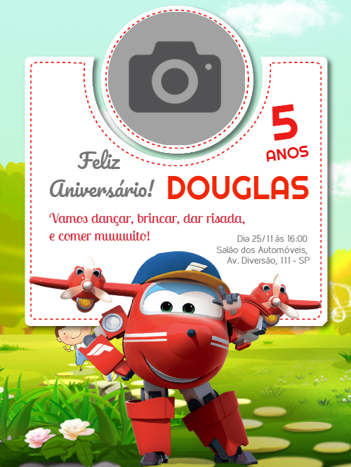 Convite de Aniversário Super Wings com Foto para Editar Online Convite de Aniversário Super Wings com Foto para Editar Online