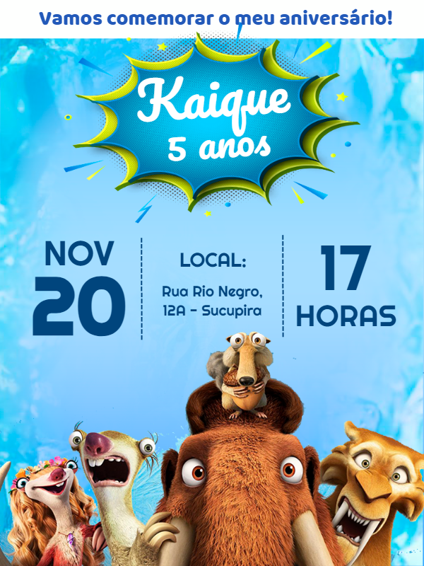 Convite de Aniversário A Era do Gelo com Personagens para Editar Convite de Aniversário A Era do Gelo com Personagens para Editar