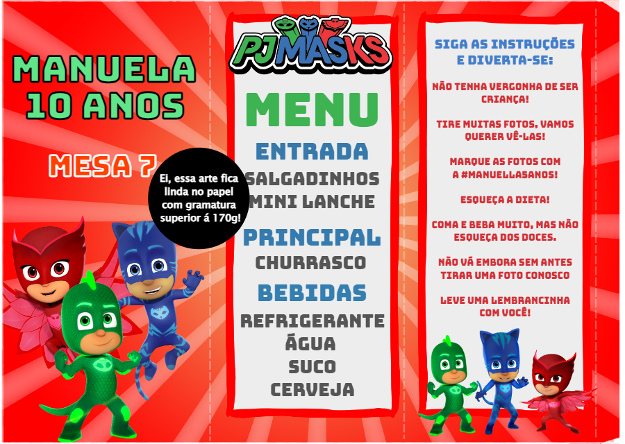 Menu de Aniversário Pj Masks para Editar Online Menu de Aniversário Pj Masks para Editar Online
