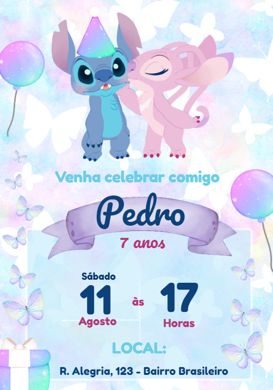 Convite Aniversário Stitch e Angel Aquarela para Editar Online Convite Aniversário Stitch e Angel Aquarela para Editar Online