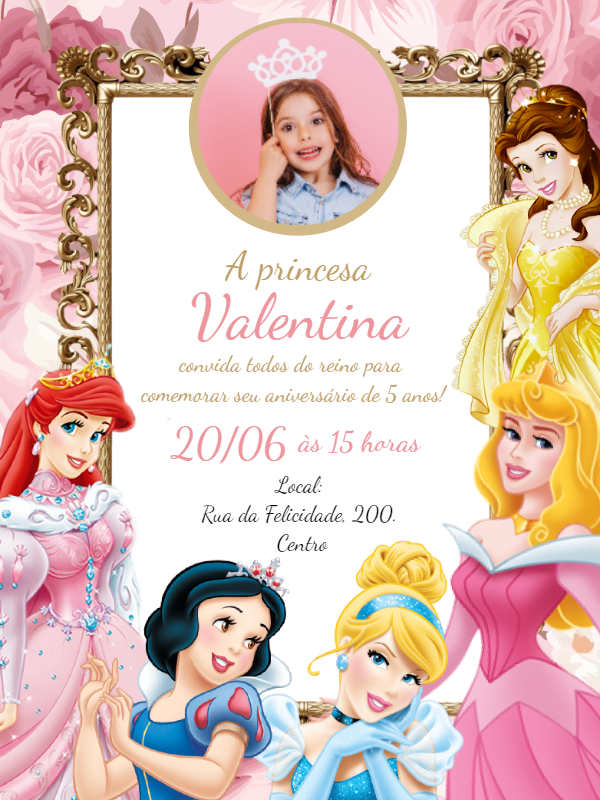 Convite Aniversário Princesas Disney com Foto para Editar Convite Aniversário Princesas Disney com Foto para Editar