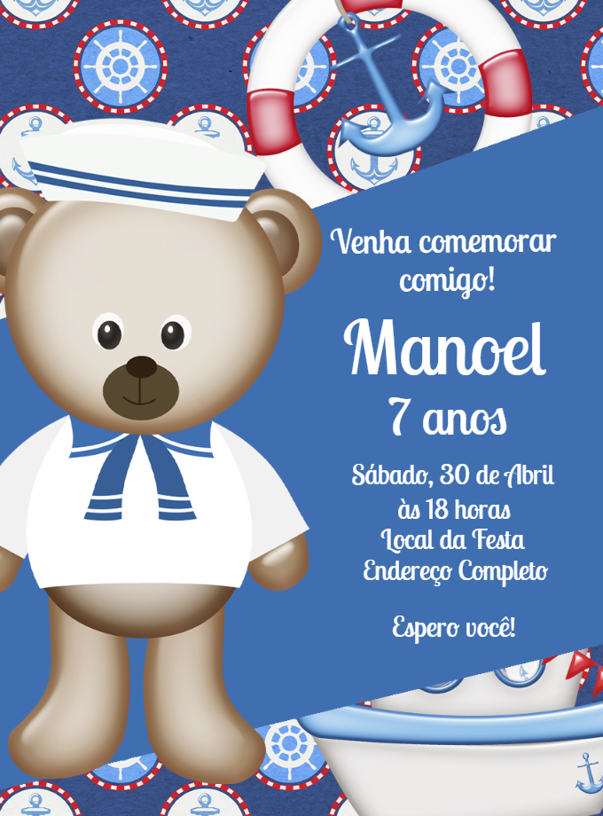 Convite Aniversário Ursinho Marinheiro para Editar Online Convite Aniversário Ursinho Marinheiro para Editar Online
