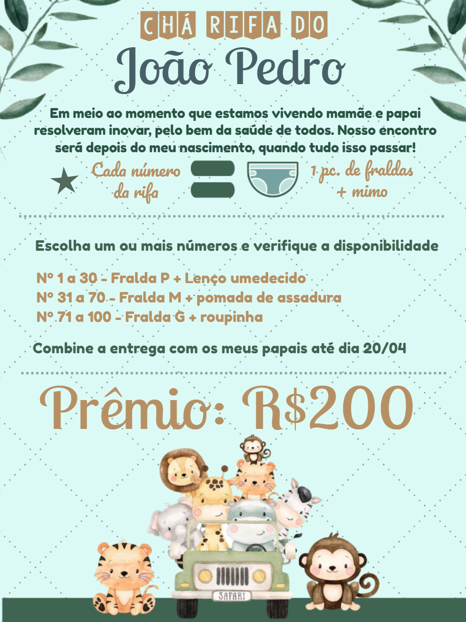 Convite Chá Rifa Safari com Animais Fofos para Editar Online Convite Chá Rifa Safari com Animais Fofos para Editar Online