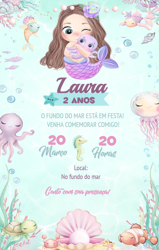 Convite Aniversário Sereia Aquarela para Editar Online Convite Aniversário Sereia Aquarela para Editar Online