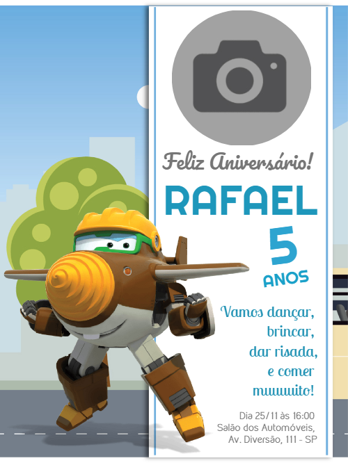 Convite Aniversário Super Wings com Foto para Editar Online