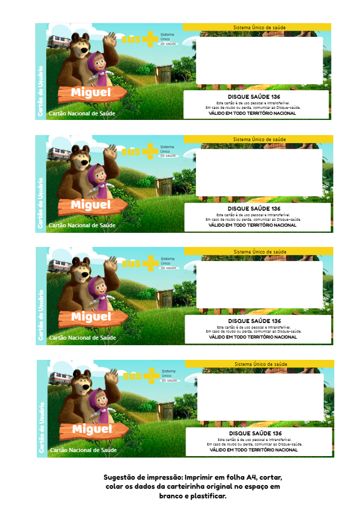 Cartão do SUS Masha e o Urso Editável para Imprimir