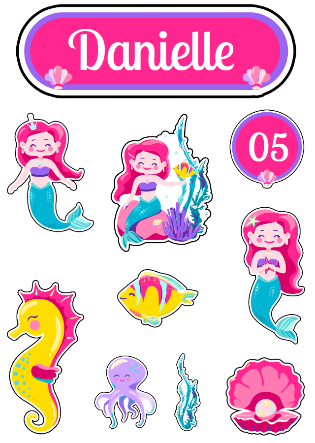 Topo de Bolo Sereia com Elementos para Editar e Imprimir Topo de Bolo Sereia com Elementos para Editar e Imprimir