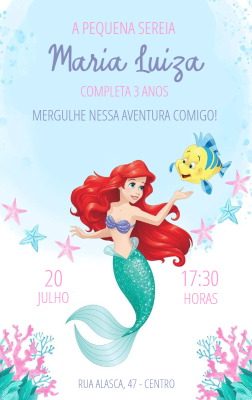Convite de Aniversário A Pequena Sereia para Editar Online Convite de Aniversário A Pequena Sereia para Editar Online
