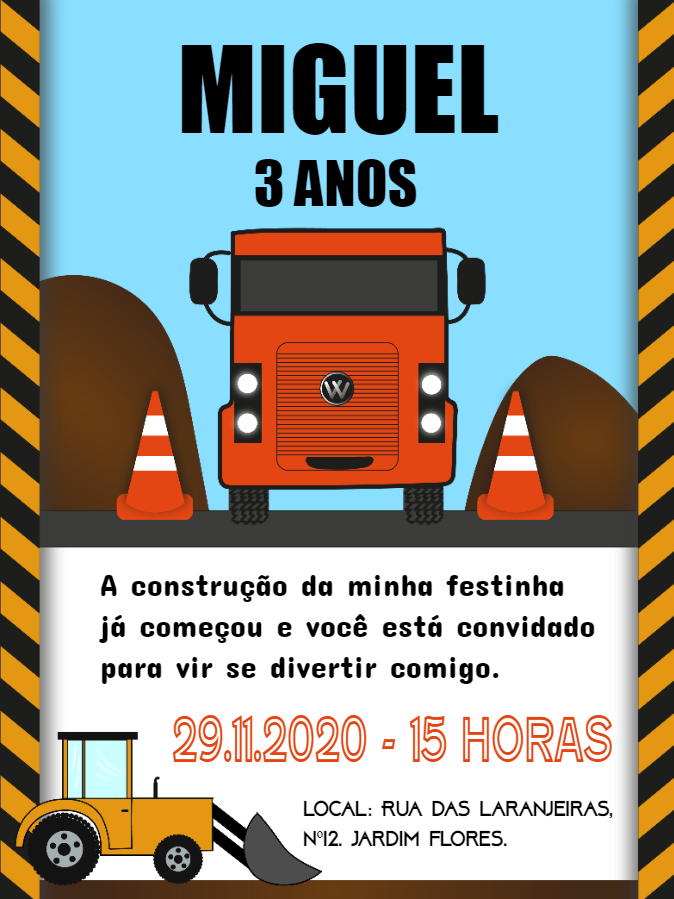 Convite de Aniversário Caçamba e Construção para Editar Convite de Aniversário Caçamba e Construção para Editar