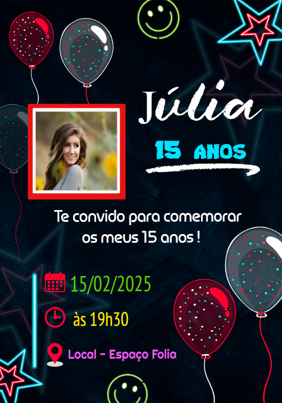 Convite de 15 Anos Neon com Foto para Editar Online