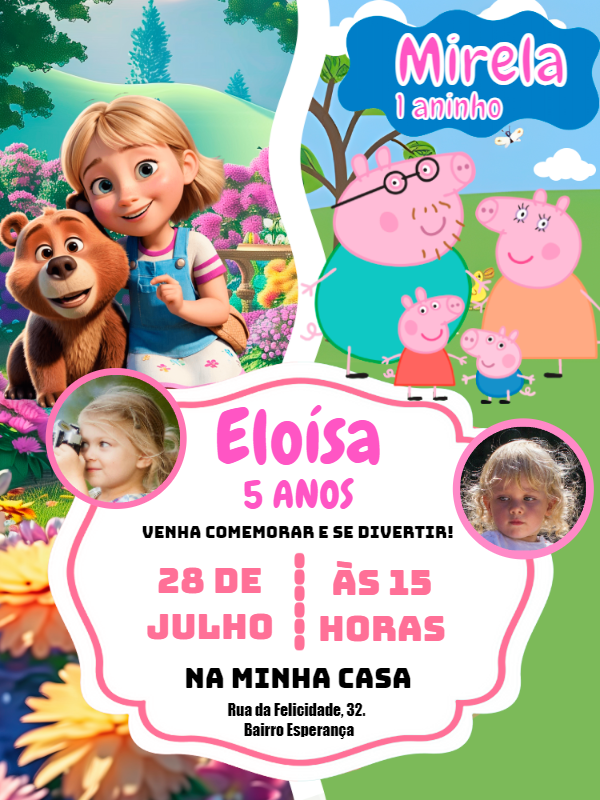 Convite Aniversário Duplo Peppa e Masha com Foto para Editar Convite Aniversário Duplo Peppa e Masha com Foto para Editar