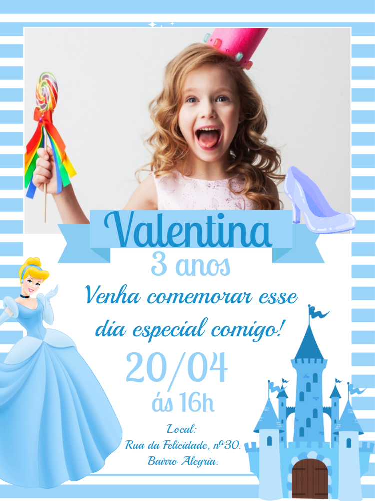Convite Aniversário Cinderela com Foto para Editar Online Convite Aniversário Cinderela com Foto para Editar Online