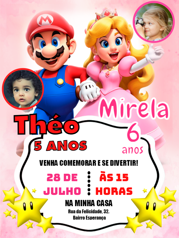 Convite Aniversário Duplo Mario e Peach com Foto para Editar Convite Aniversário Duplo Mario e Peach com Foto para Editar