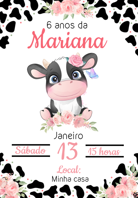 Convite Aniversário Vaquinha Rosa em Aquarela para Editar Convite Aniversário Vaquinha Rosa em Aquarela para Editar