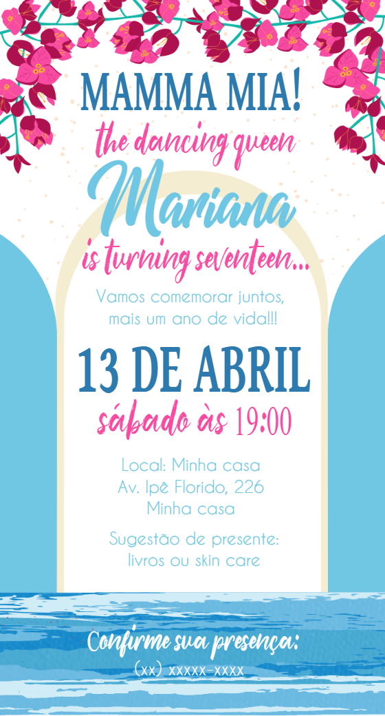 Convite de Aniversário Mamma Mia Floral para Editar Online Convite de Aniversário Mamma Mia Floral para Editar Online