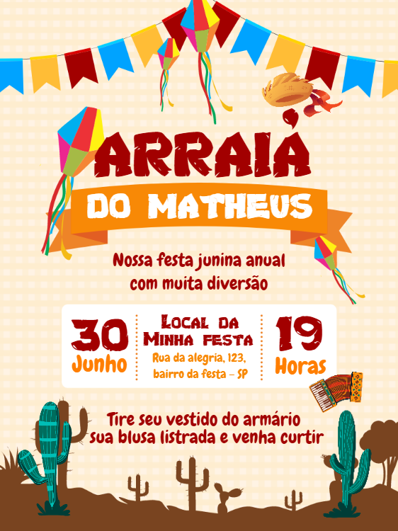 Convite Festa Junina Arraiá com Cactos e Pipas para Editar Convite Festa Junina Arraiá com Cactos e Pipas para Editar
