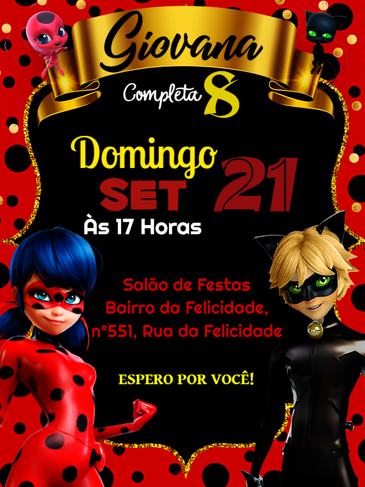 Convite de Aniversário Miraculous Ladybug para Editar Online