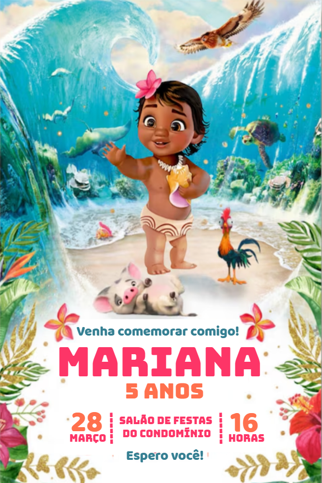 Convite Aniversário Moana Baby com Personagens para Editar Online Convite Aniversário Moana Baby com Personagens para Editar Online