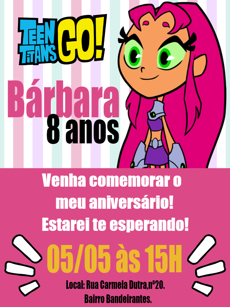 Convite Aniversário Jovens Titãs Estelar para Editar Online Convite Aniversário Jovens Titãs Estelar para Editar Online