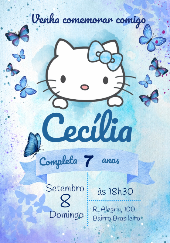 Convite de Aniversário Hello Kitty Aquarela para Editar Online Convite de Aniversário Hello Kitty Aquarela para Editar Online